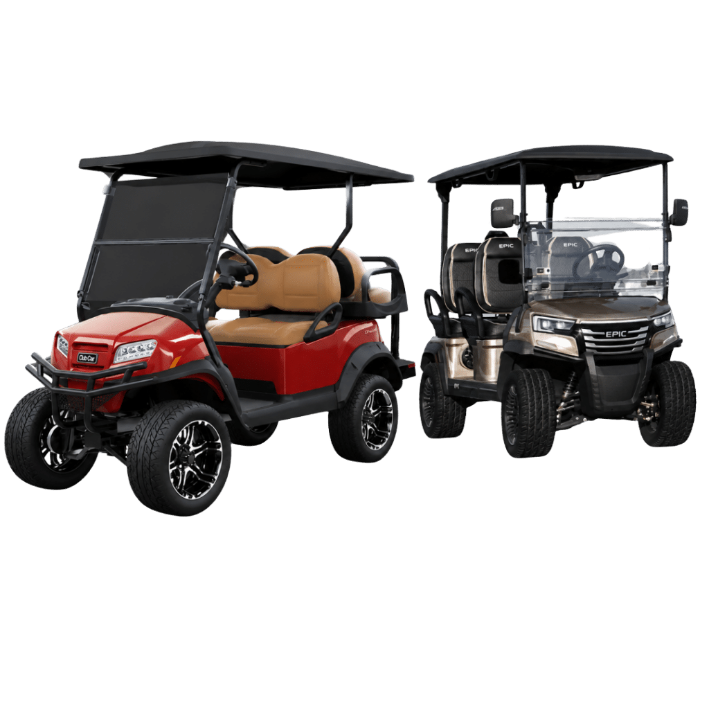 Two golf carts parked side by side: a red 2-seater with tan seats and black roof, and a brown epic 6-seat cart with clear windshield.