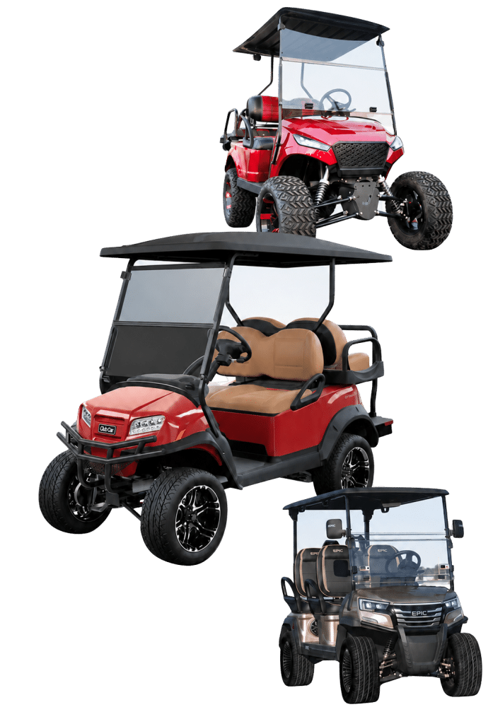 Three golf carts stacked vertically: a red street-legal cart with tan seats at the bottom, a red off-road cart on top.