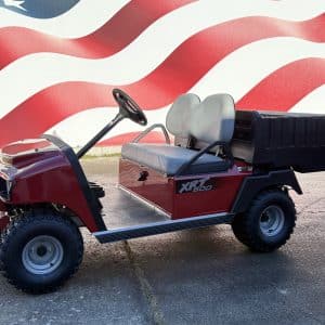 Red utility golf cart with two tan seats and a large black cargo box at the back, parked on a lot against a wavy red-and-white mural.